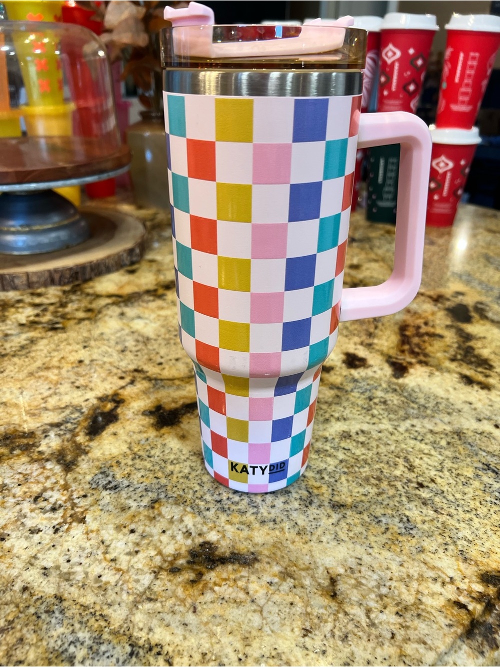 Katydid Multicolor Checkerboard Travel Tumbler with Pink Handle